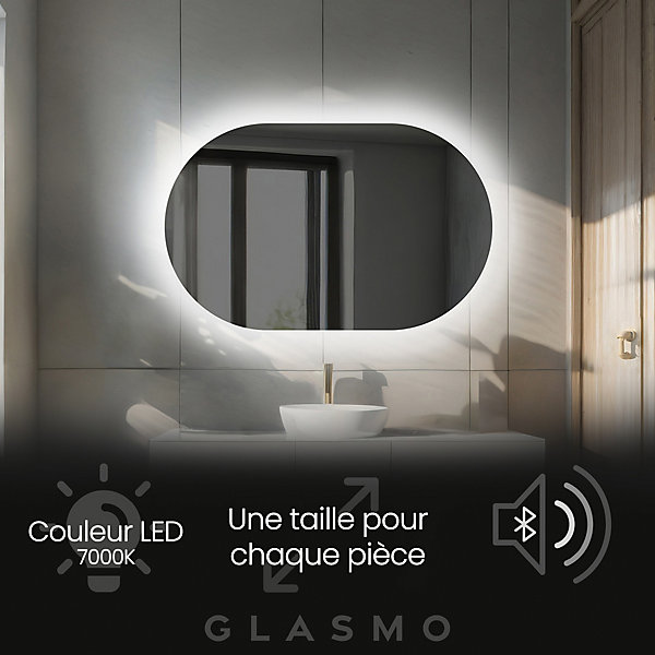 Miroir avec LED Illumination Salle de Bain - Ariana, 100x70 cm, Blanc Froid 7000K, Haut-parleur Bluetooth