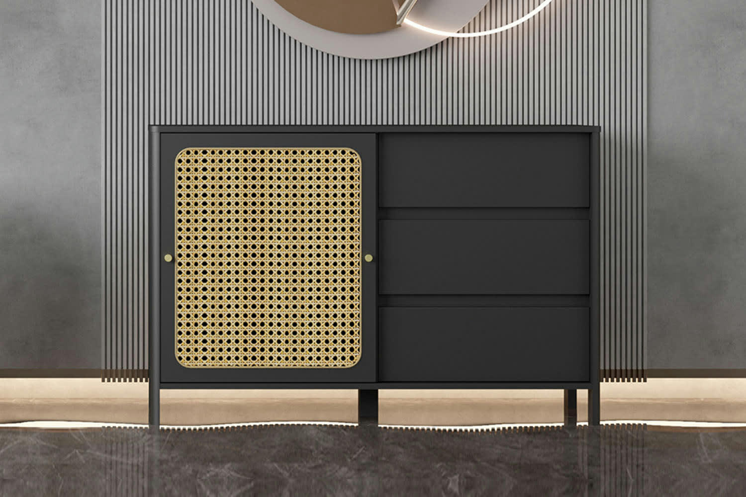 BALI - Buffet en bois noir et cannage