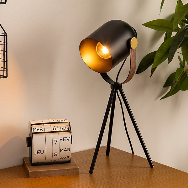 Lampe trépied Bil - noir - bois et doré - métal H45 cm - Atmosphera