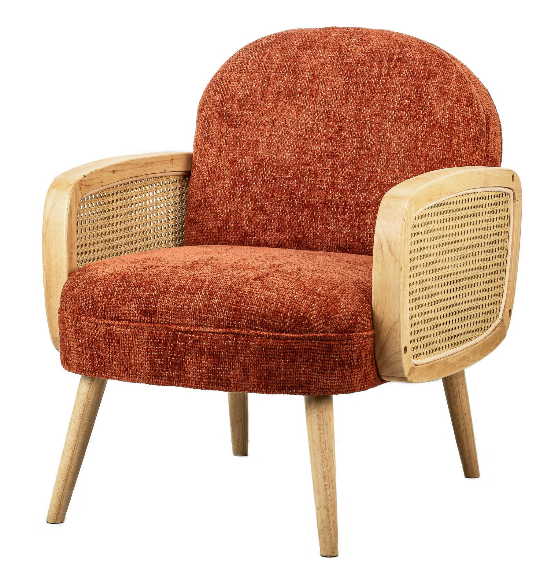 - Fauteuil de salon en cannage et tissu terracotta