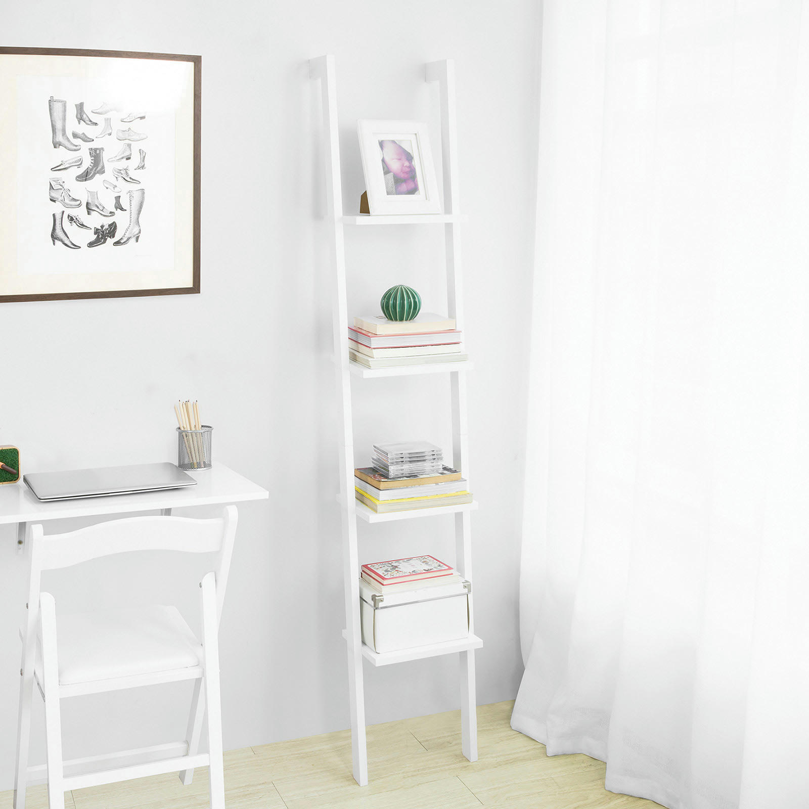 - Étagère murale style échelle 4 niveaux effet bois blanc