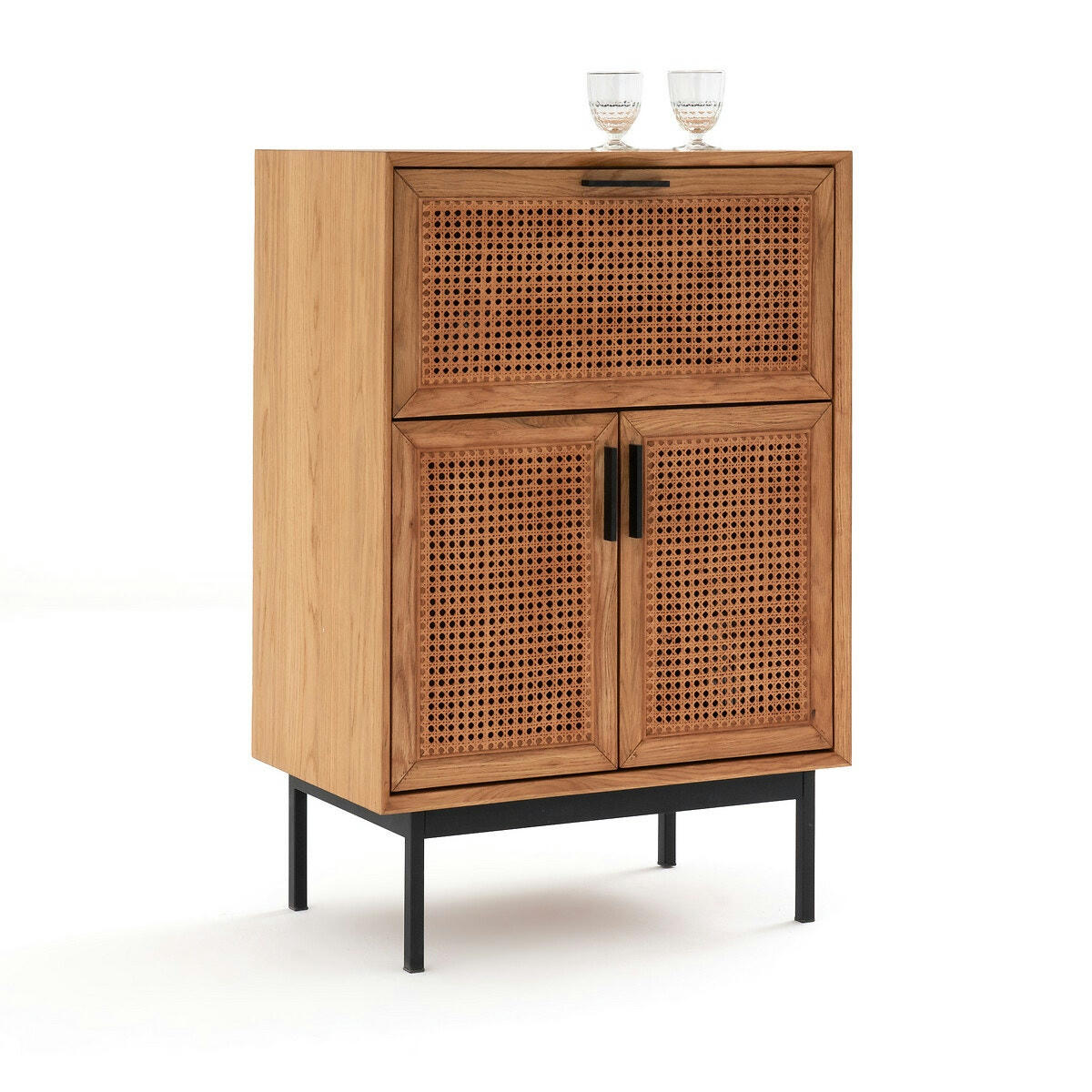 Meuble bar chêne et cannage, Waska