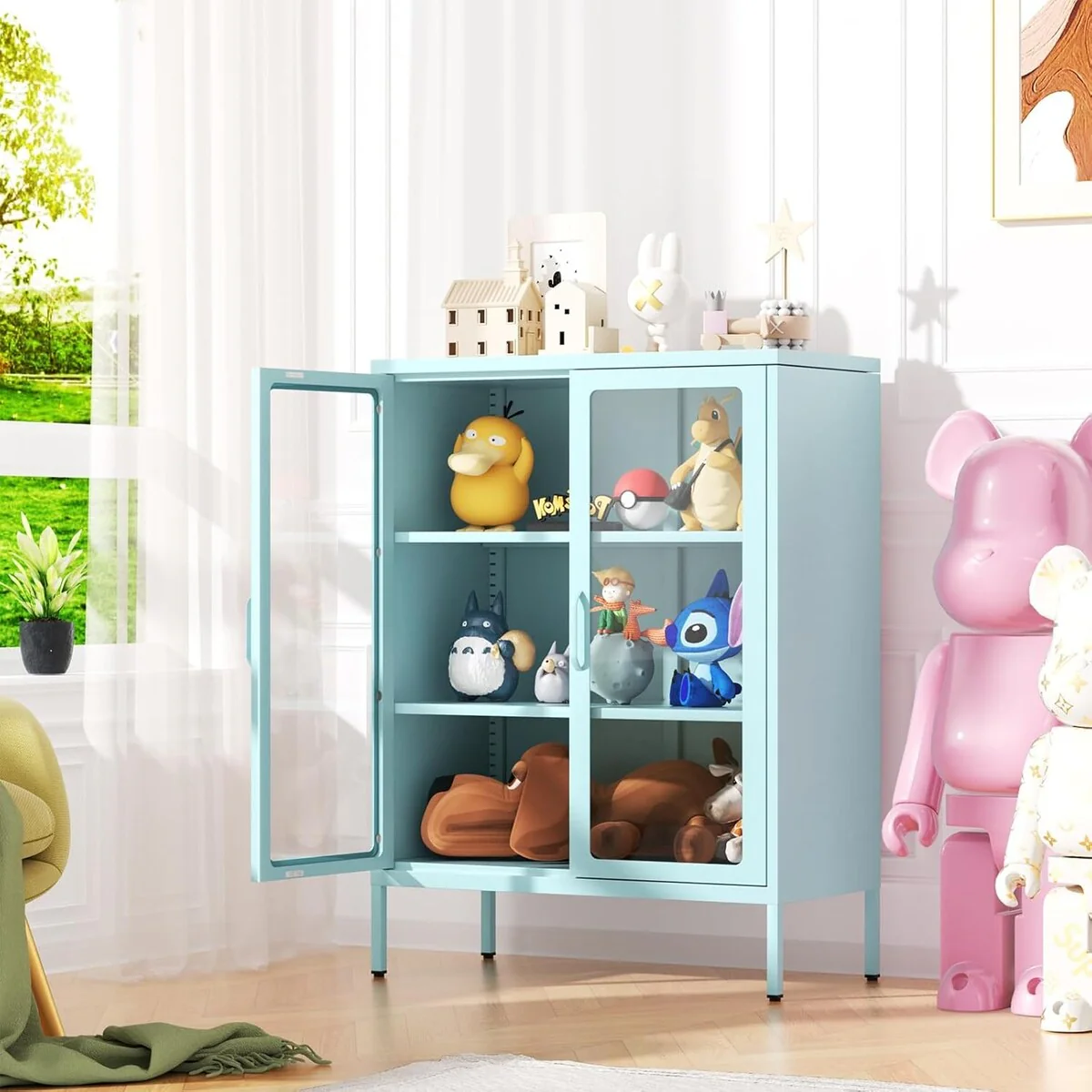 42 Display Metal Storage Cabinet Bookshelves with Glass Doors and 2 Adjustable Shelves