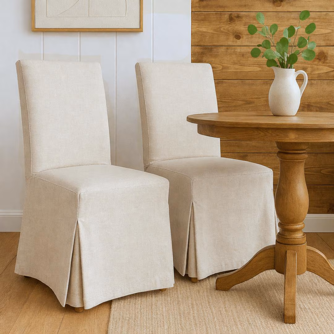 Natural Linen Slipcovers Set of 2, Floor-Length Dining Chair Covers, Compatible with IKEA Bergmund