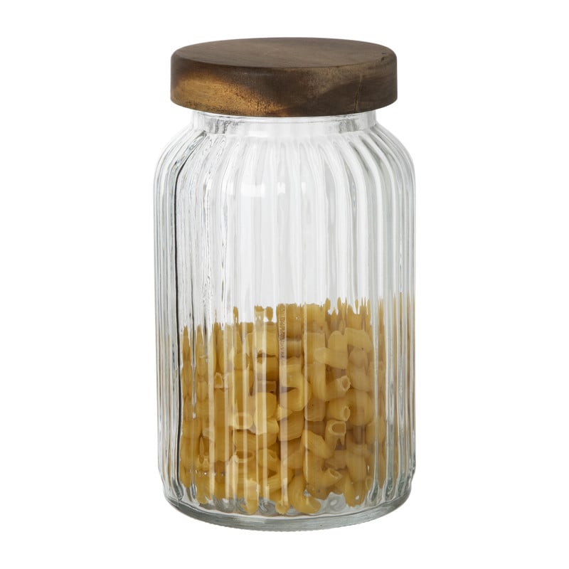 Voorraadpot ribbel met acacia deksel - &Oslash;11x20 cm