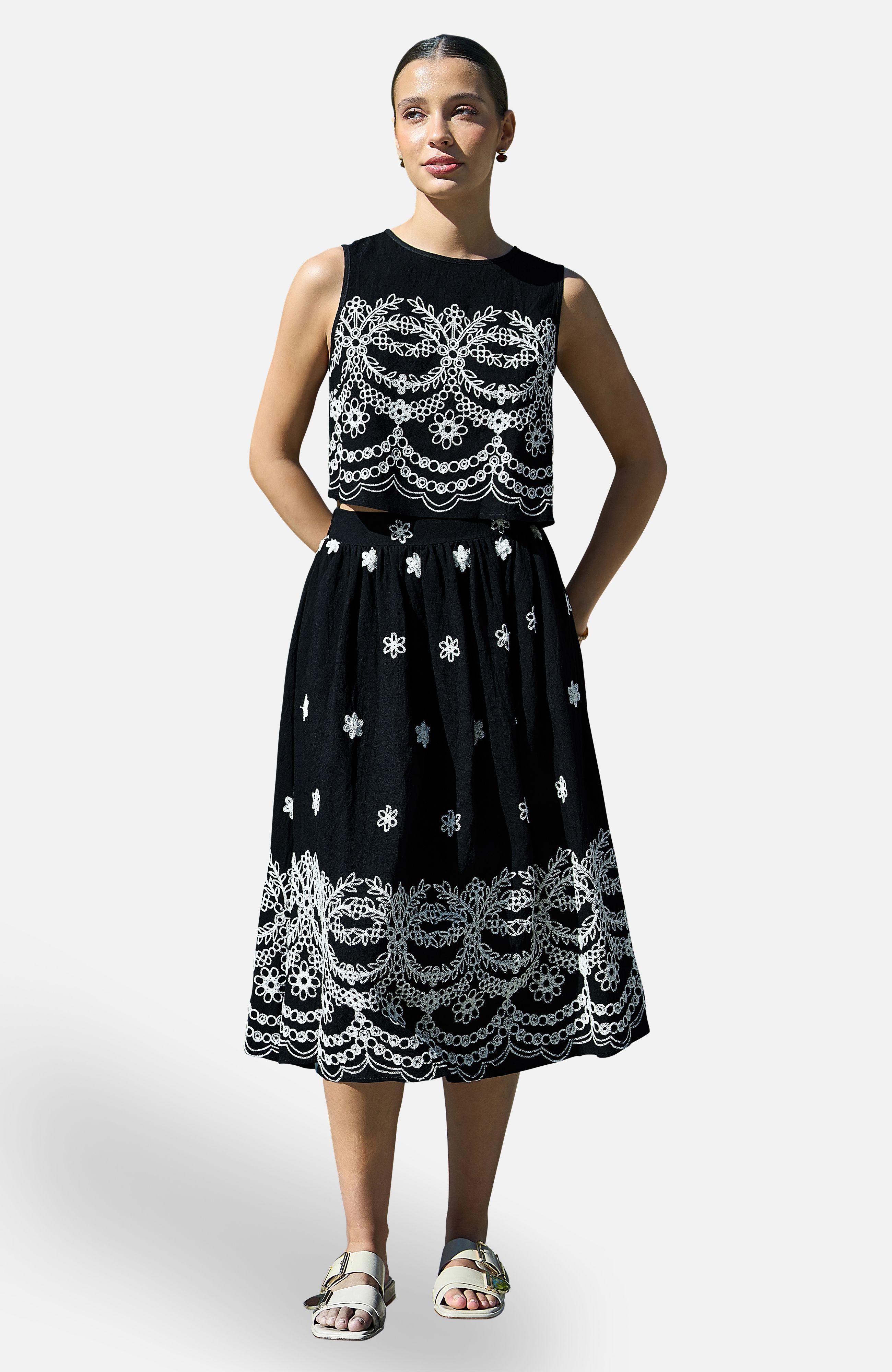 Yumi Black Embroidered Midi Skirt