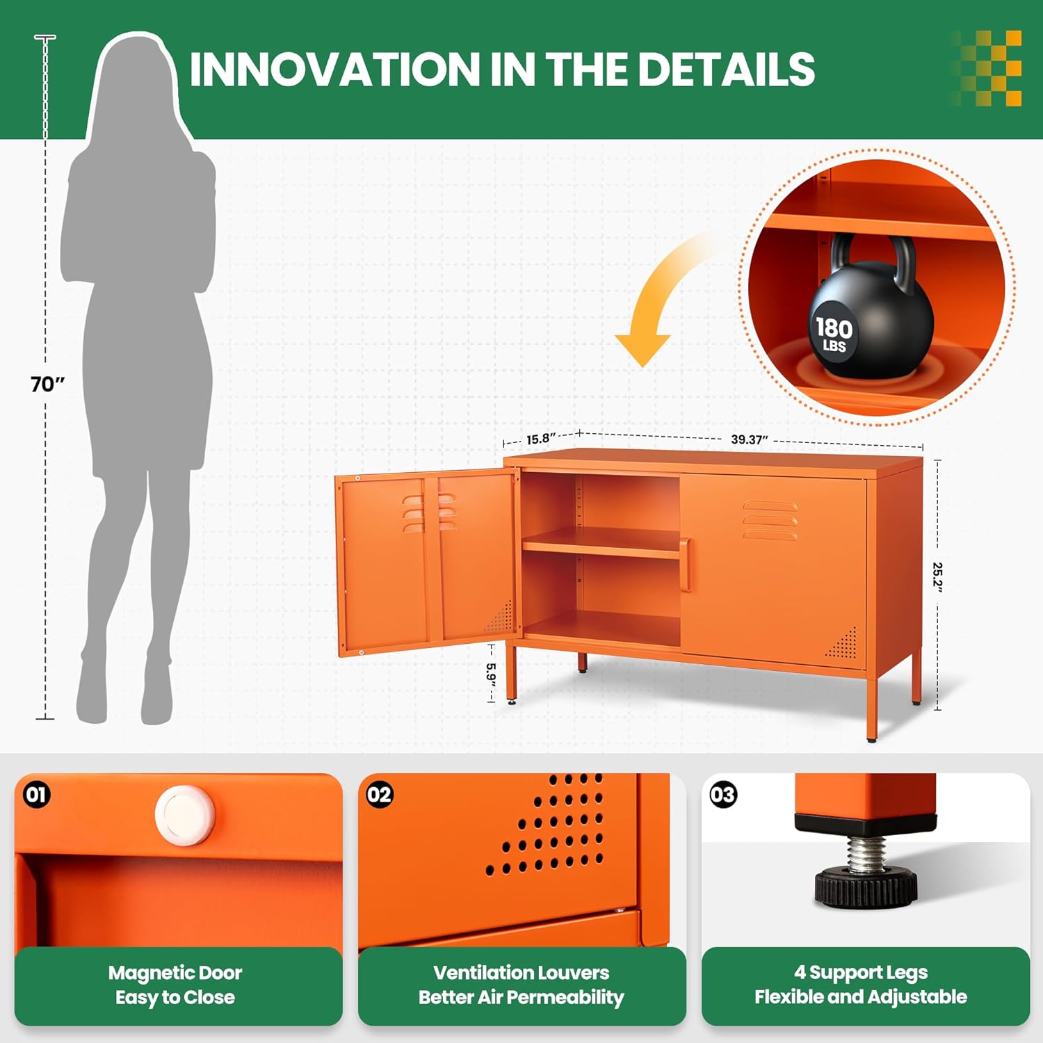 Orange Metal Storage Cabinet with 2 Doors and Adjustable Shelves, Multipurpose Metal Locker Accent Cabinet, 25 H TV Stand, Media Cabinet for Home, Office, Living Room,Kitchen, Music Studio
