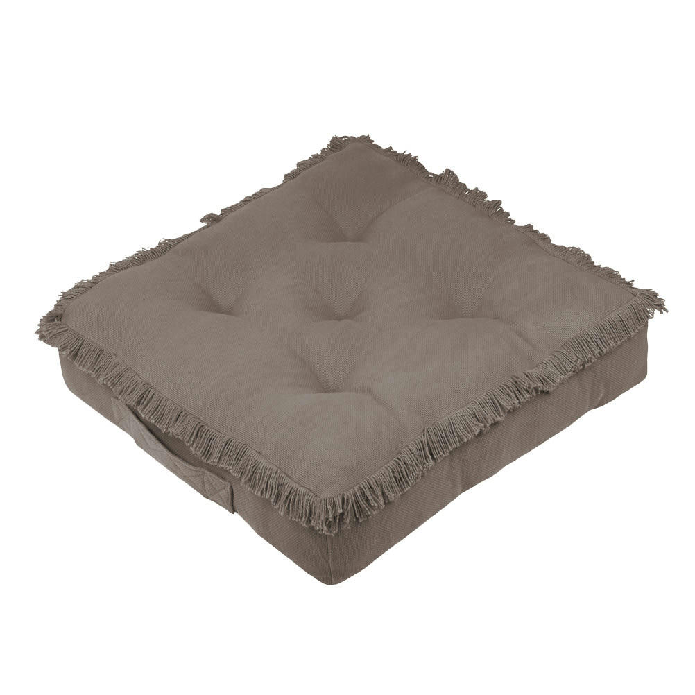 FRANGES - Coussin de sol en coton taupe 45x45