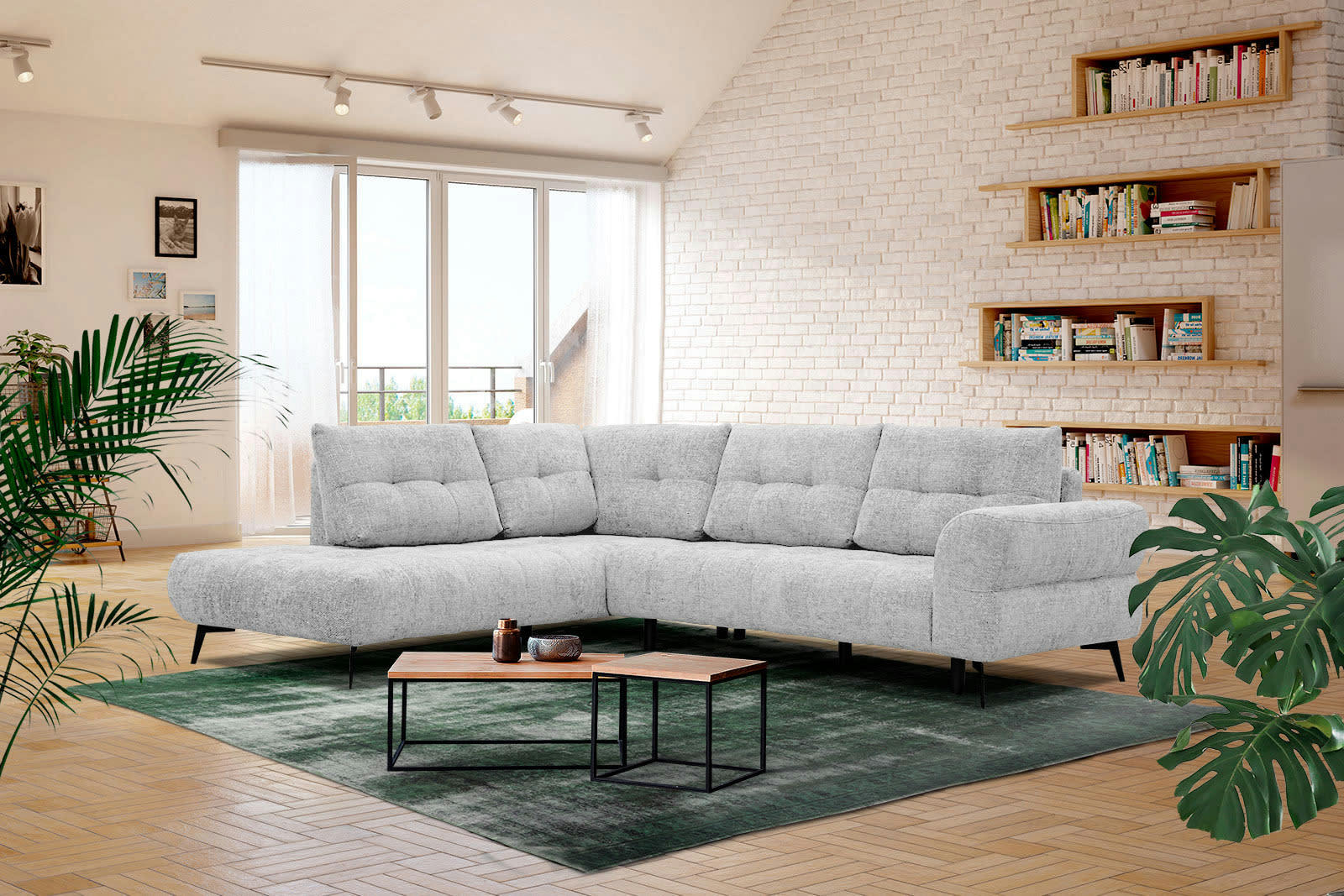 SALVINI - Canapé d'angle gauche 5 places tissu gris clair