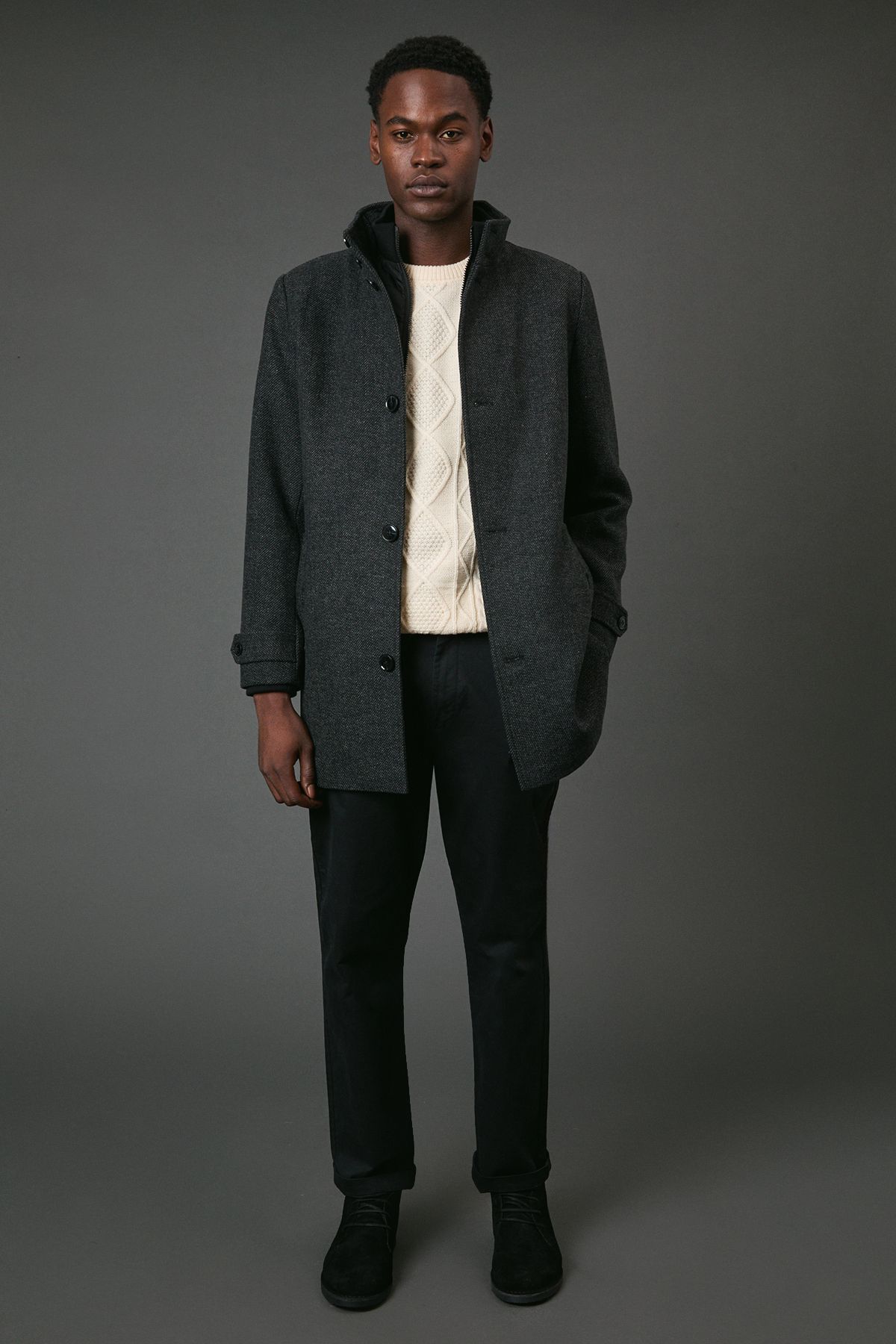 Maine Charcoal Wool Blend Funnel Neck Coat With Insert