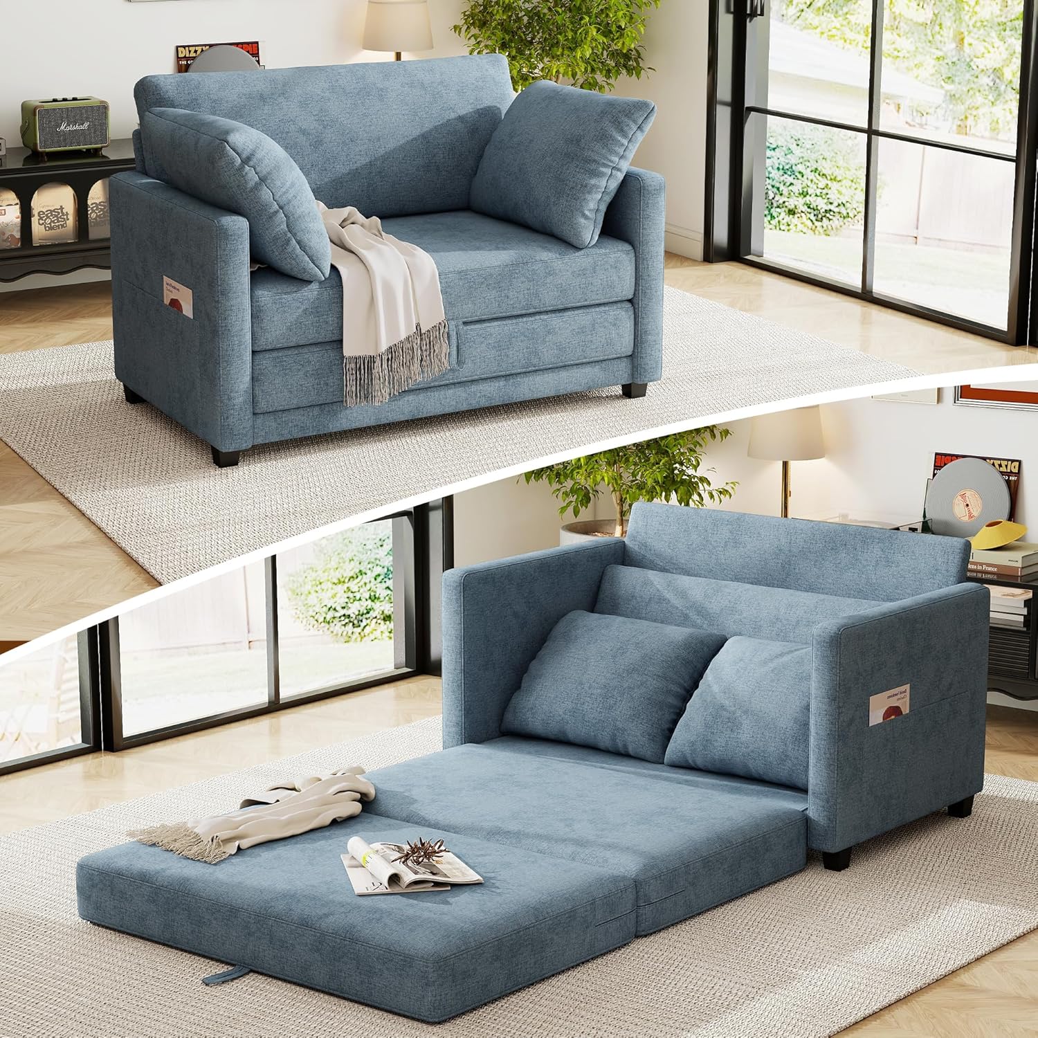 51 Loveseat Sleeper Sofa Bed, Chenille Convertible Floor Sofa Bed for Small Spaces, Folding Couch Bed with Deep Seat, 2 Pillows & Solid Frame, Pull Out Couch for Living Room, Light Blue