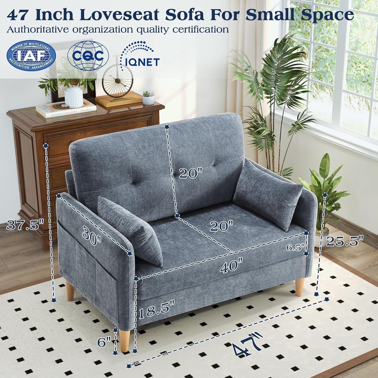 47 Chenille Loveseat - Small Space Sofa with Removable Cover & Pillow, Perfect for Apartment/Dorm 