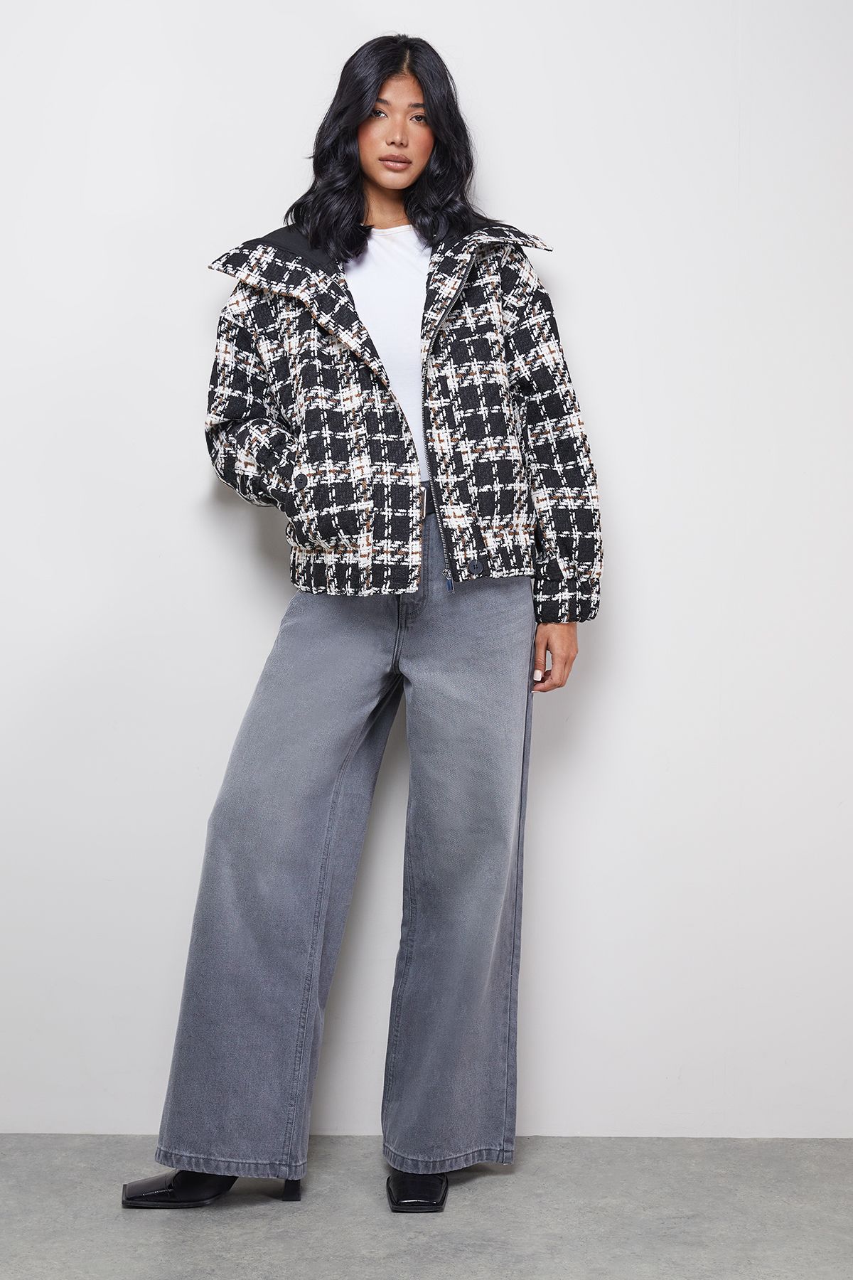 Warehouse Oversized Check Chunky Rib Bomber