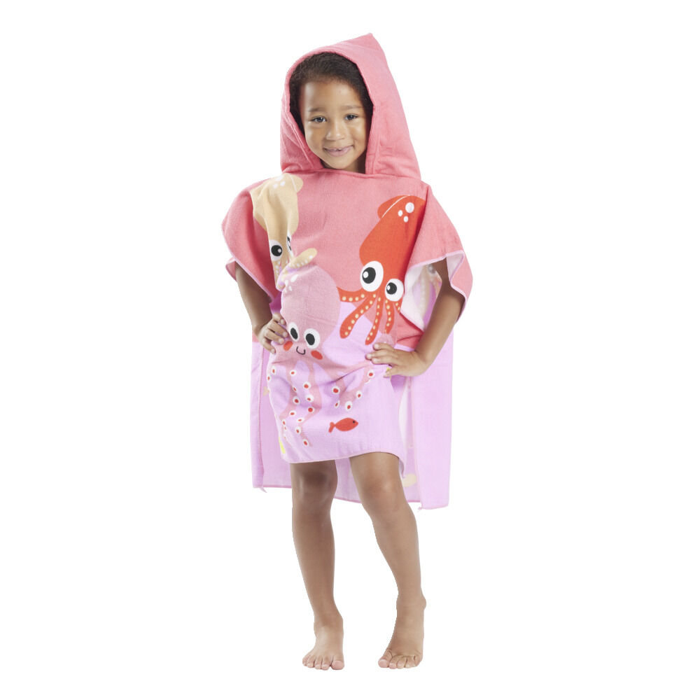 Poncho capuche sortie de plage enfant motif poulpe rose 60x60xH120cm