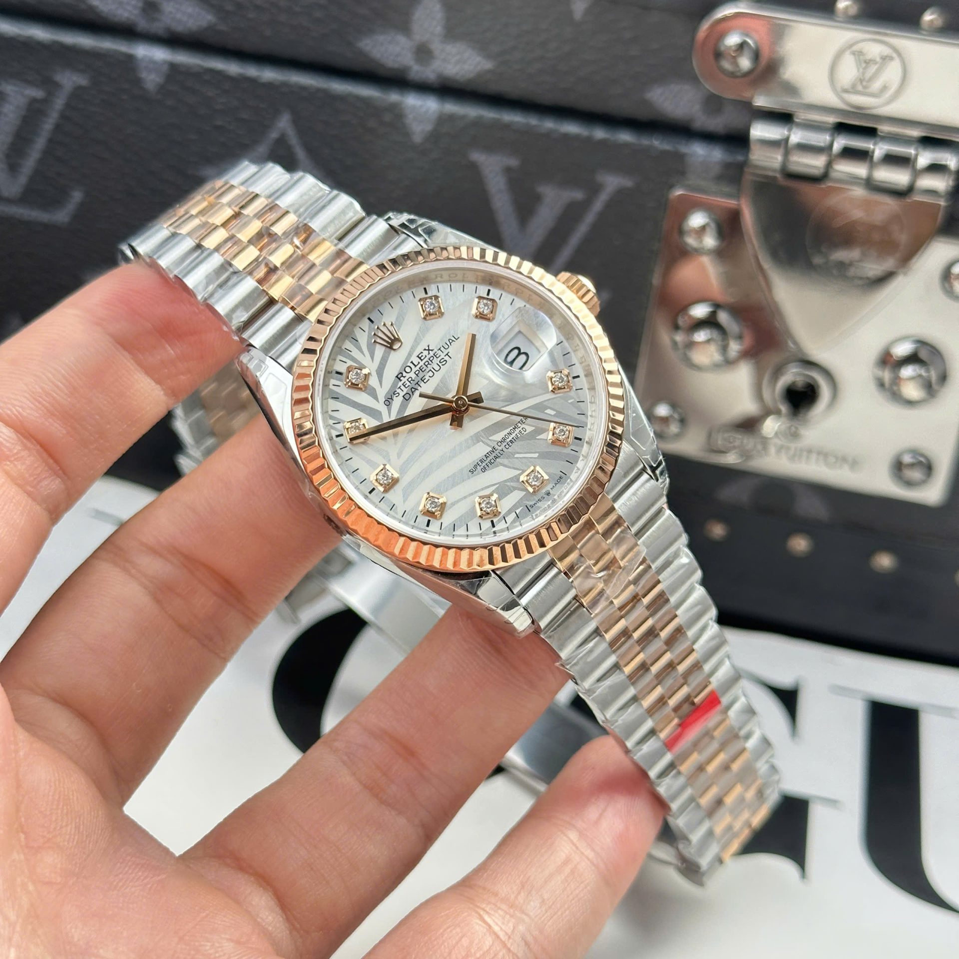 Rolex Datejust 126231 SS/RG Plated Silver Palm Dial CZ Diamonds 36mm Jub Super Clone