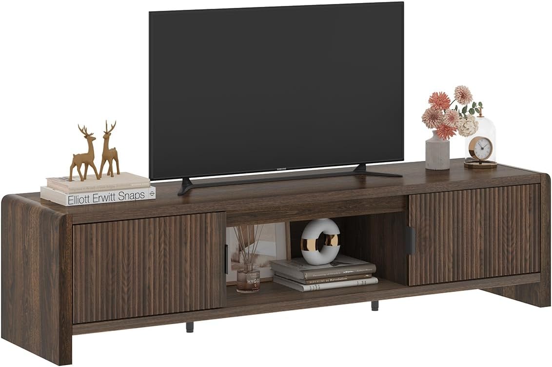 FATORRI TV Stand for 75/65/55 Inch TVs, Mid Century Modern Entertainment Center with Storage, Wood Waveform Fluted-Door Television Media Console for Living Room, Bedroom (63 Inch W, Dark Walnut)