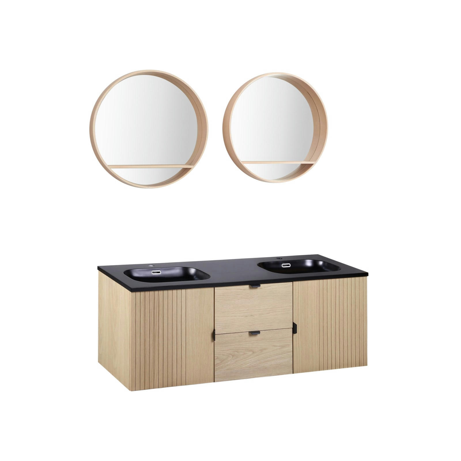 STUDIO - Meuble double vasque 140cm chêne STUDIO suspendu + miroir rond