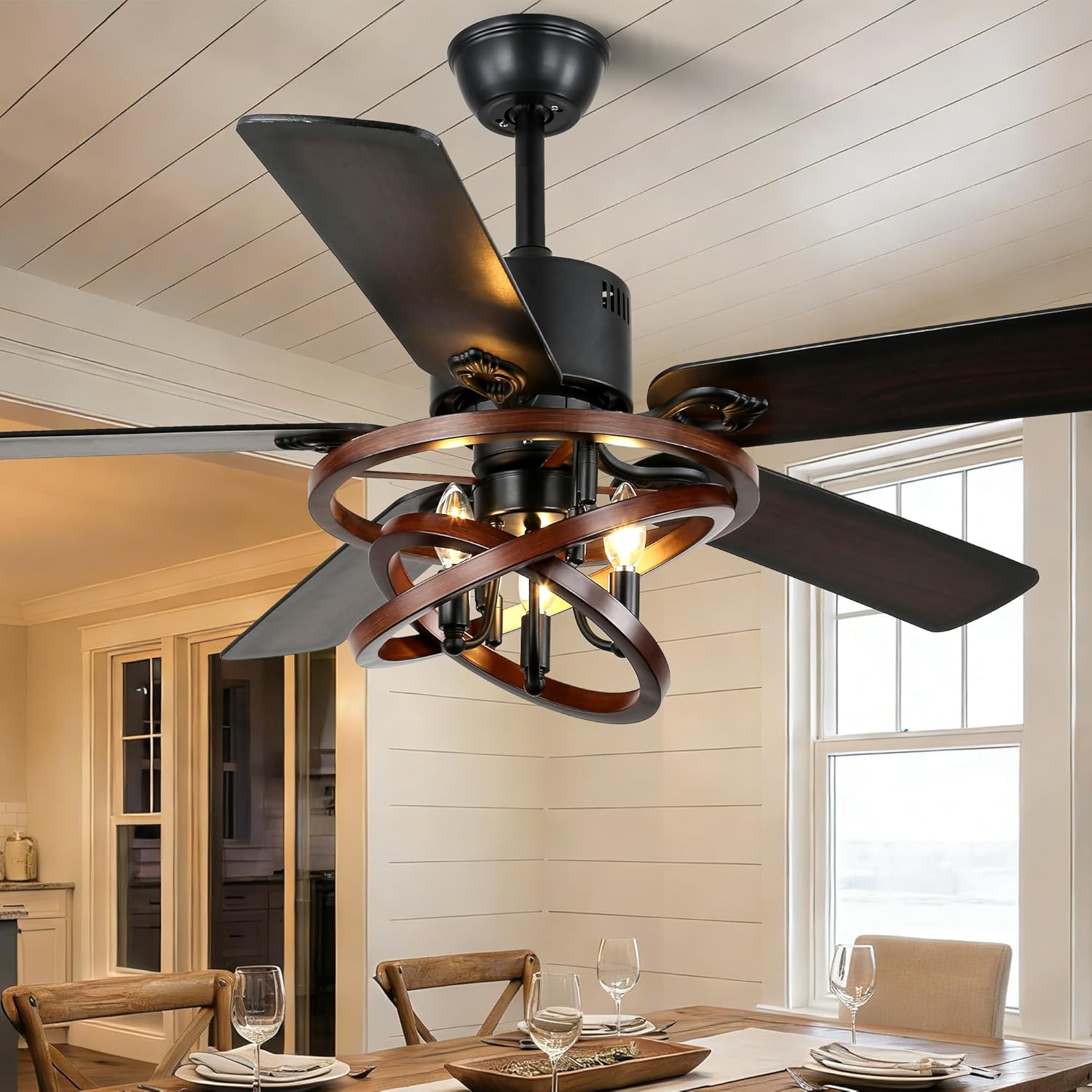 52 Ceiling Fan with Lights and Remote,Industrial Farmhouse Ceiling Fan with Adjustable Wood Grain Iron Cage,5 Reversible Dual-Color Blades,DC Quiet Motor,6 Speeds,Timer for Bedroom Living Room