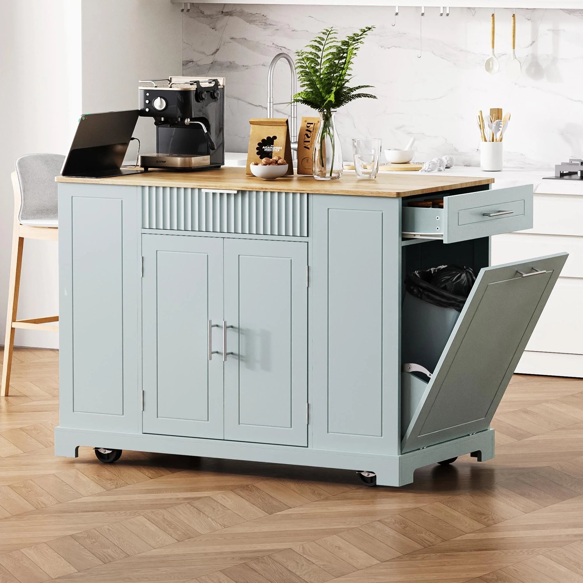 Fluted Kitchen Island with Open Side Racks & Power Outlet, Rolling Storage Cabinet w/Trash Can Storage, Drawers for Living Room