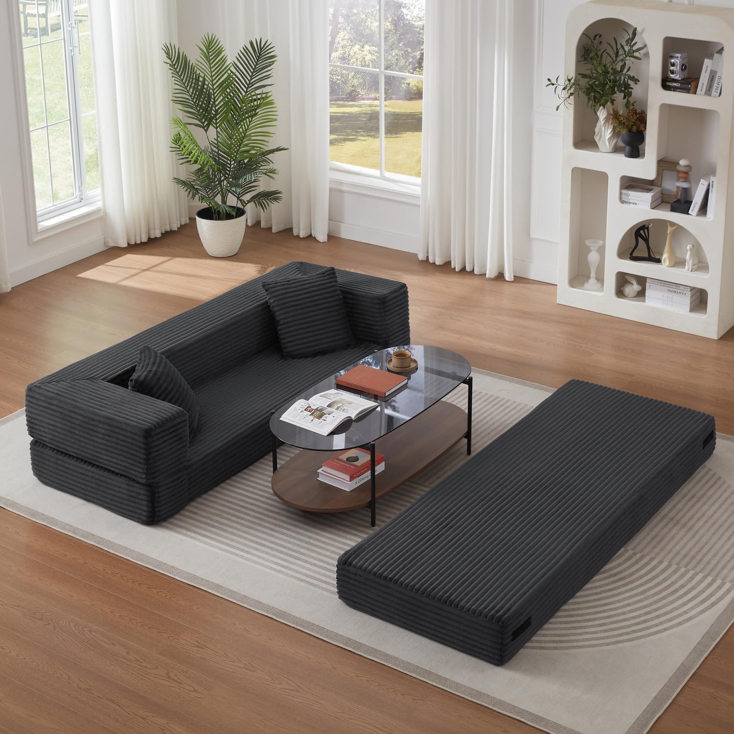 80 Inch Convertible Sofa Bed, Oversized Boneless Couch with High Arms, Deep Seat Corduroy Sleeper Sofa, Folding Floor Couch with Side Pockets, No Assembly Cloud Lounge for Living Room (Dark Grey)