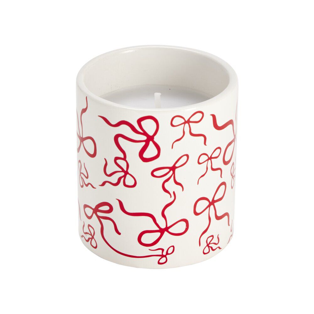 Bougie dans pot céramique blanc motif noeud rouge Ø8xH9cm (2 modèles)