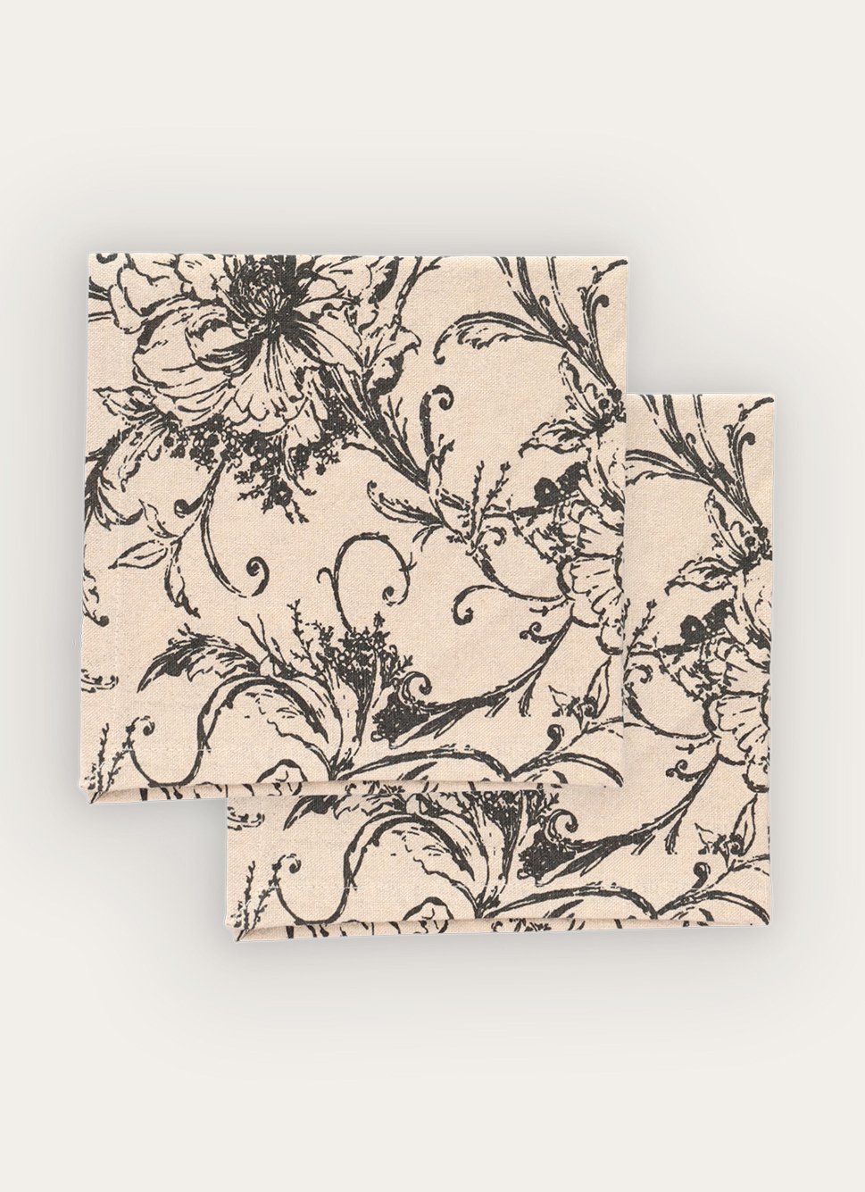 LOT DE 2 SERVIETTES DE TABLE FLEURIES ECRU ANTHRACITE
