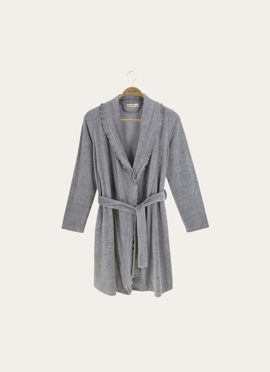 PEIGNOIR COURT EN VELOURS AVEC COL à VOLANTS GRIS