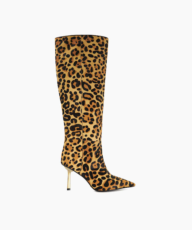 Solara Leopard - Pointed Toe Emerald Heel Knee High Boots