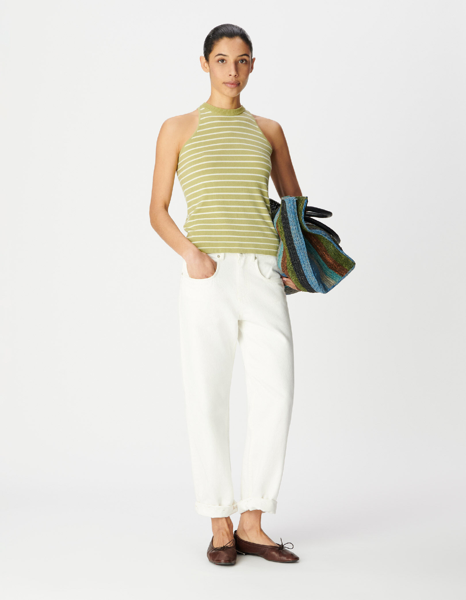 Pull sans manches vert motif rayures Femme