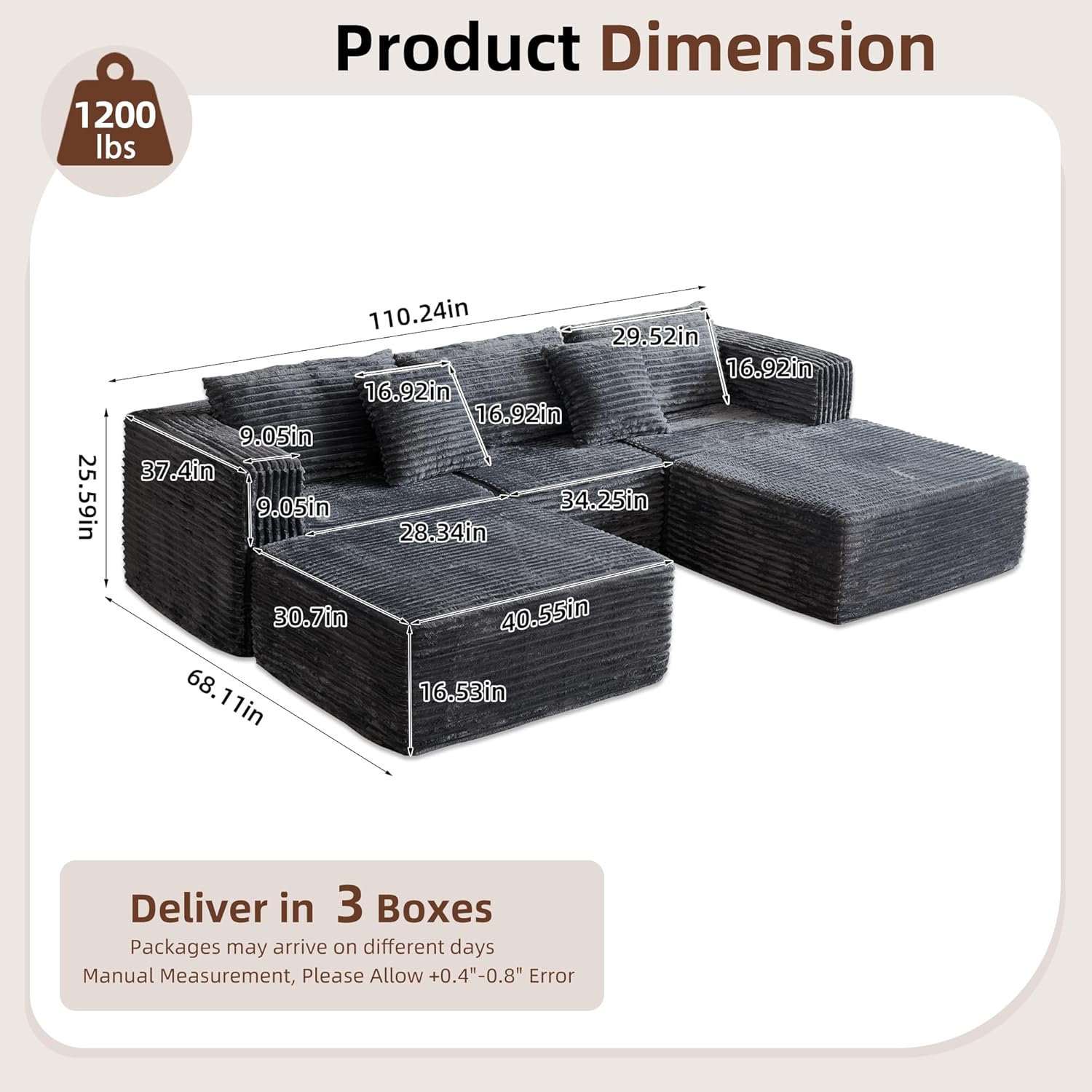 110 Modular Sectional Couch with 2 Movable Ottoman, Cloud Sofa Couches for Living Room, U Shaped Deep Seat Boneless Sofa,Luxury Corduroy Fabric, No Assembly Required Grey