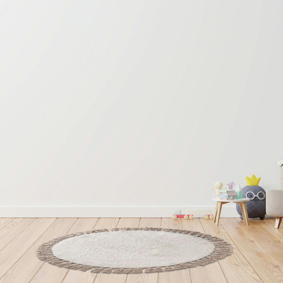 KIDS - Tapis enfant coton uni ecru et taupe à pompons 70x70cm