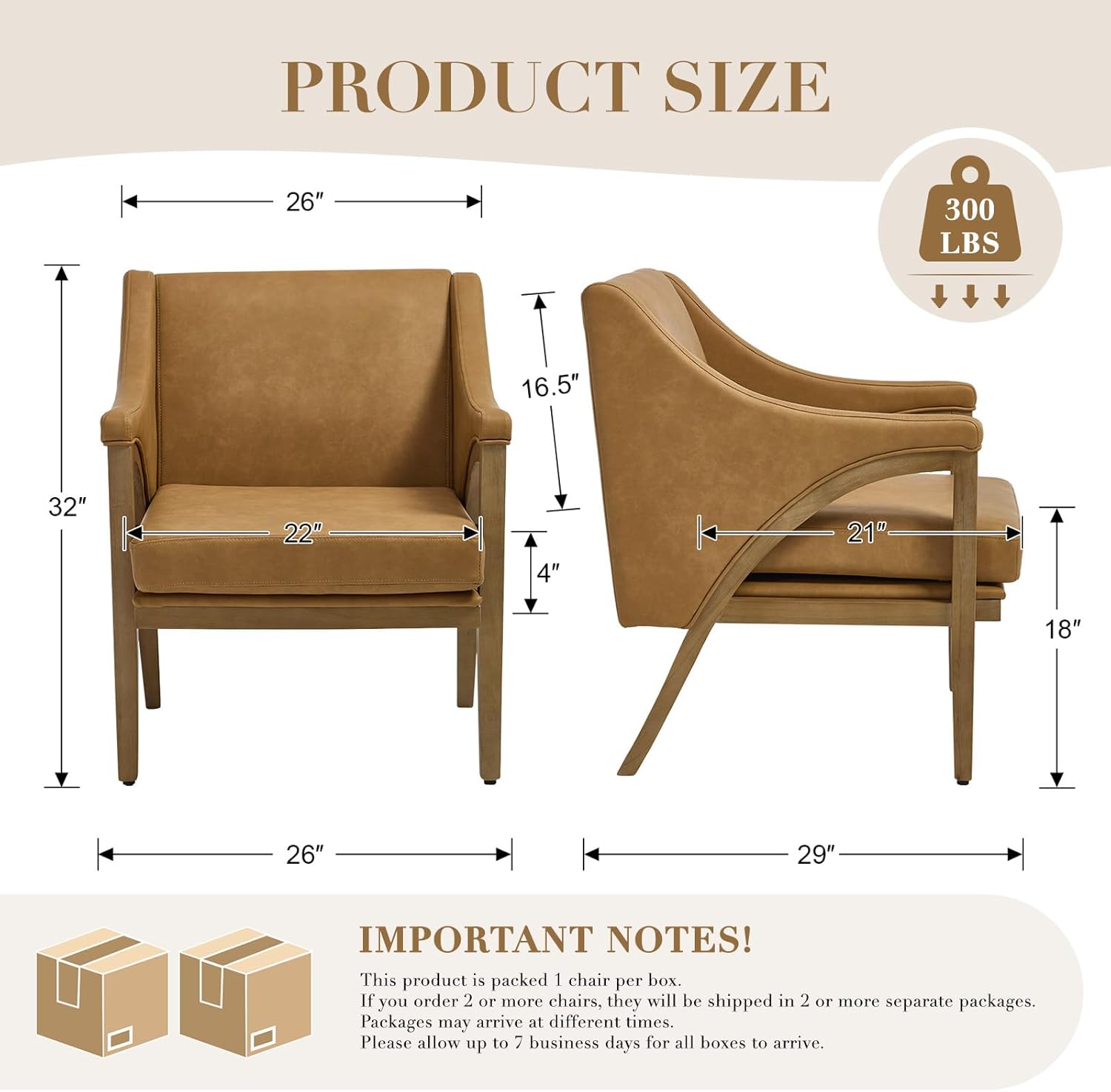 Mid Century Modern Accent Chairs Set of 2 with Barrel Back, Upholstered Armchair Comfy Reading Chairs with 4 Thick Cushion, Solid Wood Legs for Living Room/Bedroom/Reading Corner, PU Fabric, Brown