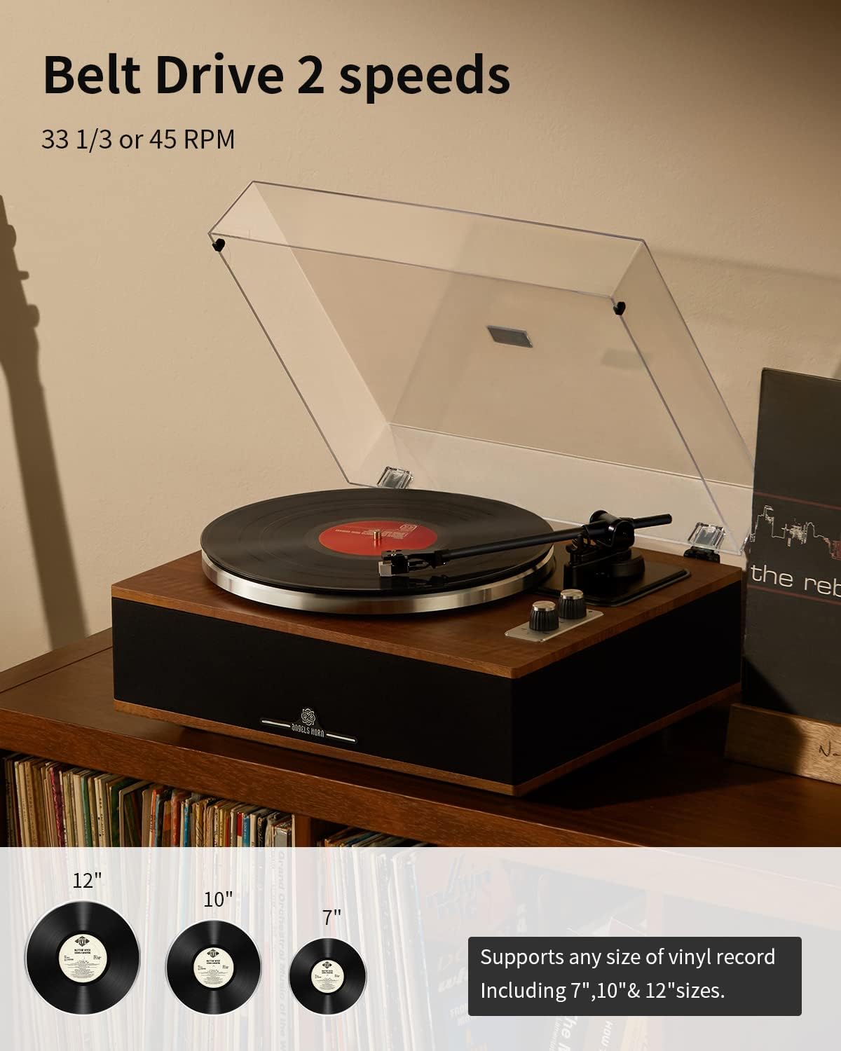 ANGELS HORN Vinyl Record Player  Bluetooth Turntable with Built in Speakers Phono Preamp  High Fidelity Turntables for Vinyl Records with Magnetic Cartridge AT-3600L  Belt Drive 2-Speed