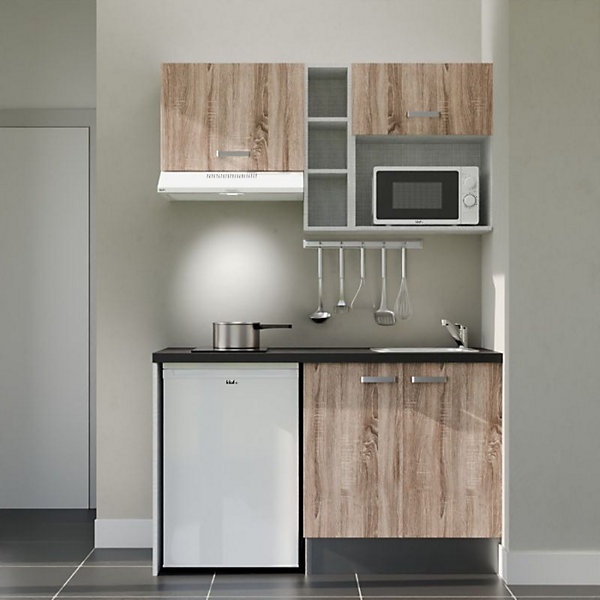 Kitchenette K13 - 140 cm - Façades : Bois - Plan de travail : Noir - Crédences : Non - Evier