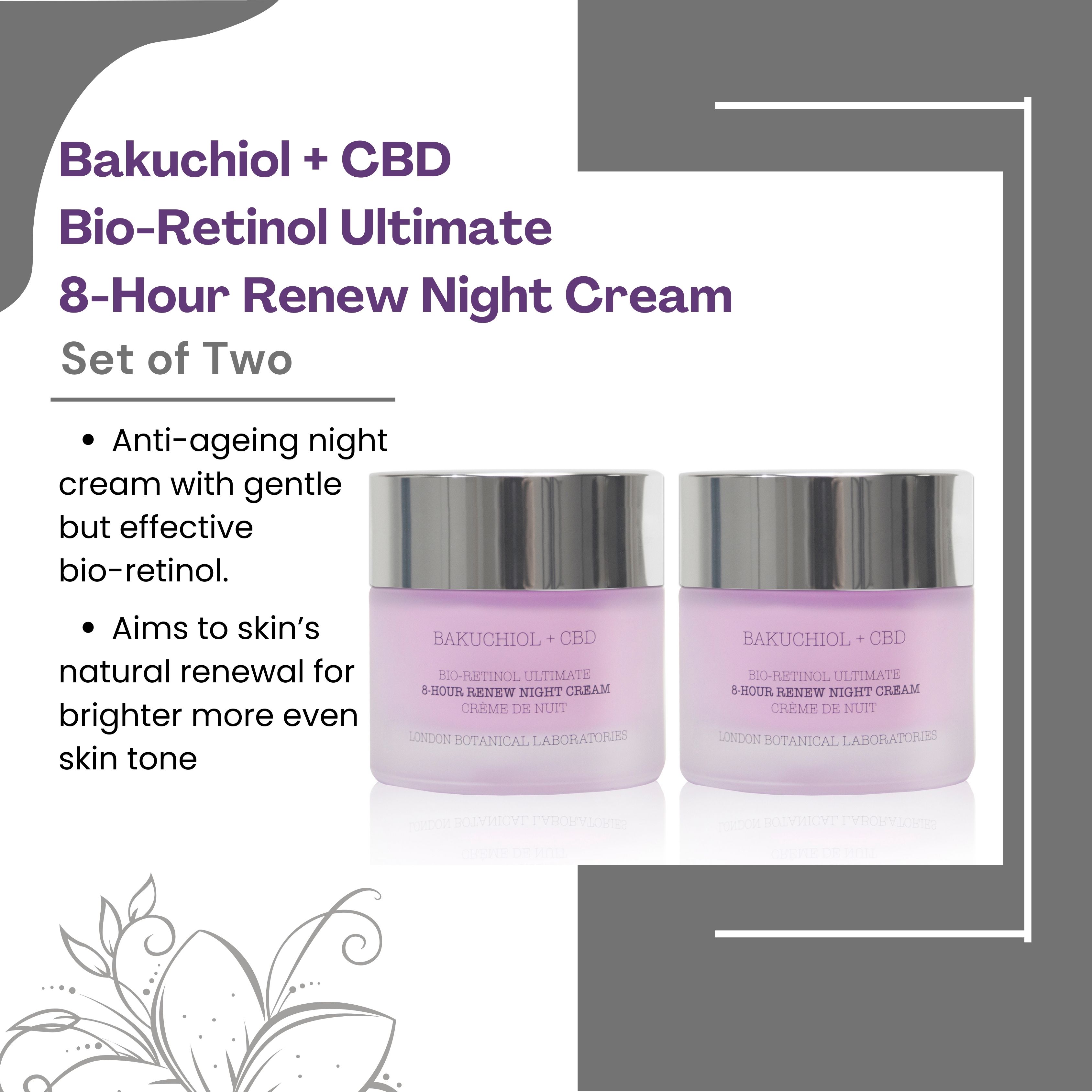 London Botanical Laboratories 2 x Bakuchiol   CBD THC Free Anti-Aging Night Cream 50ml