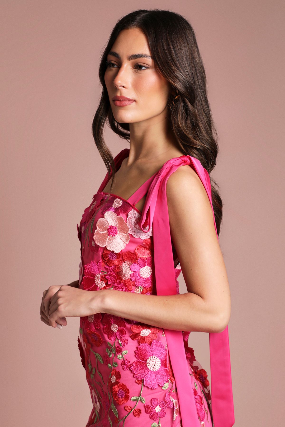 Coast Coast Muse 3D Floral Mesh With Tie Shoulder Midi Dress