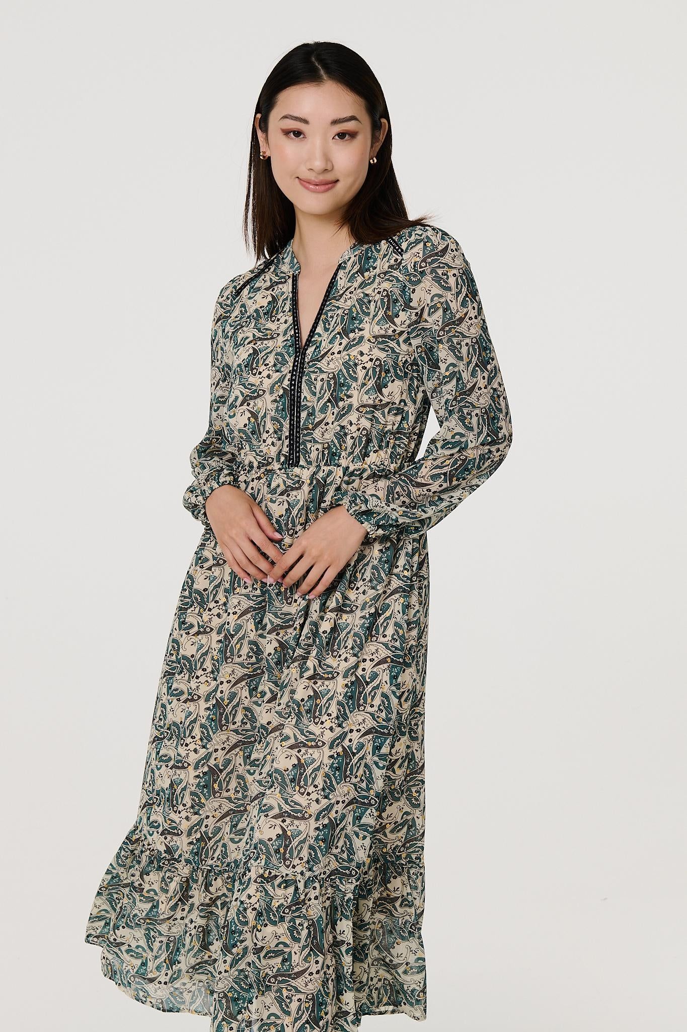 Izabel London Paisley Velvet Stud Trim Midi Dress