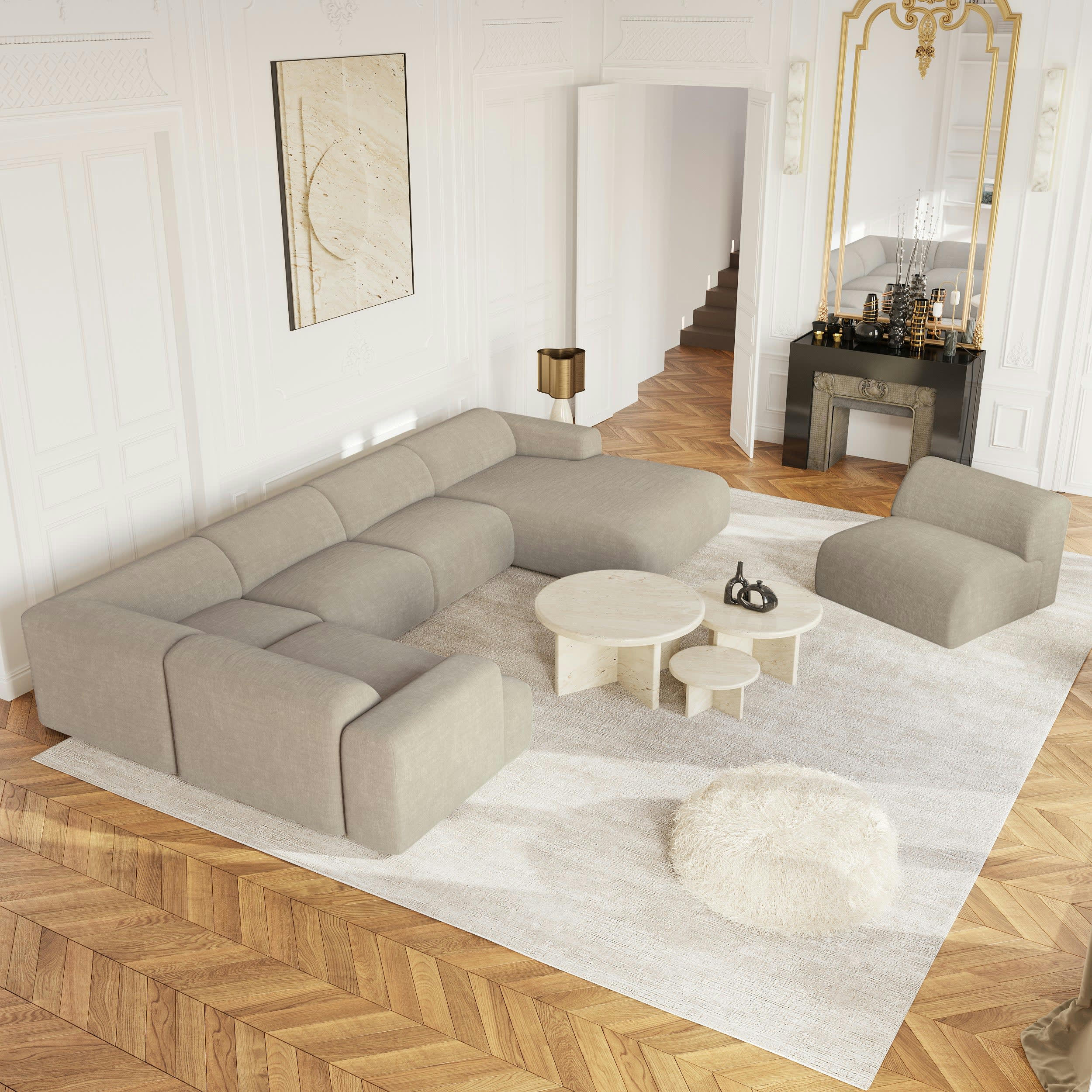 MYRA - Canapé panoramique droit velours texturé beige