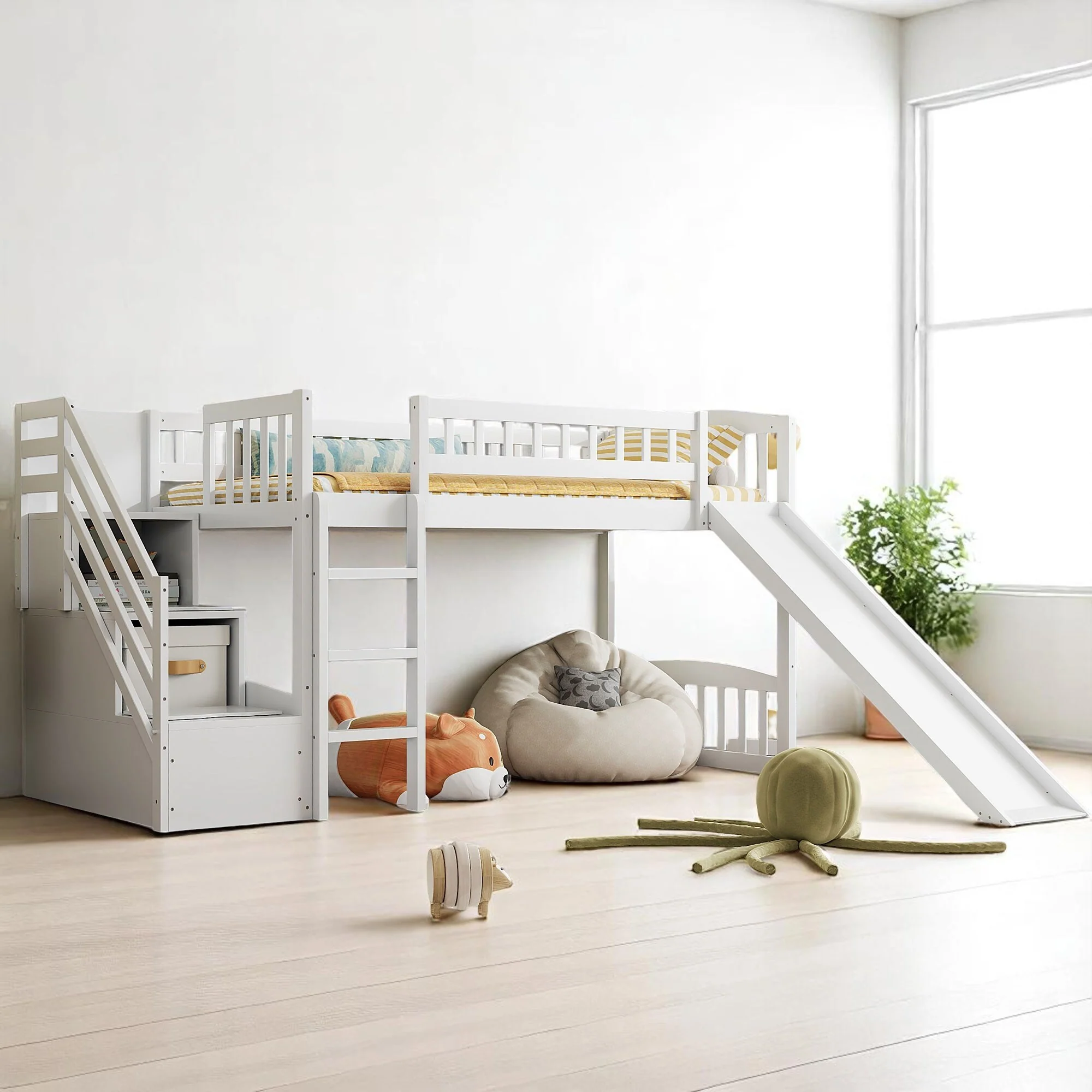 Twin Size Loft Bed with Slide, Staircase Storage Drawers, Convertible Ladder, and Guardrails, No Box Spring Needed