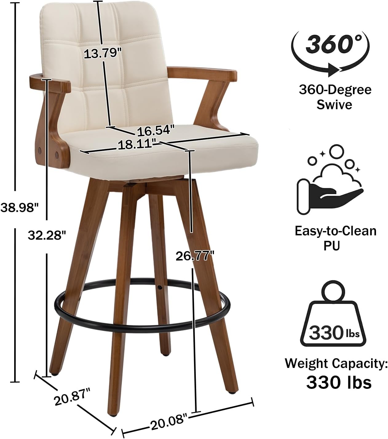 26” Counter Height Bar Stools,Leather Upholstered Bar Chair, Swivel Bar Stools with Back and Arms，Modern Beige Barstool Set of 2 for Kitchen Island