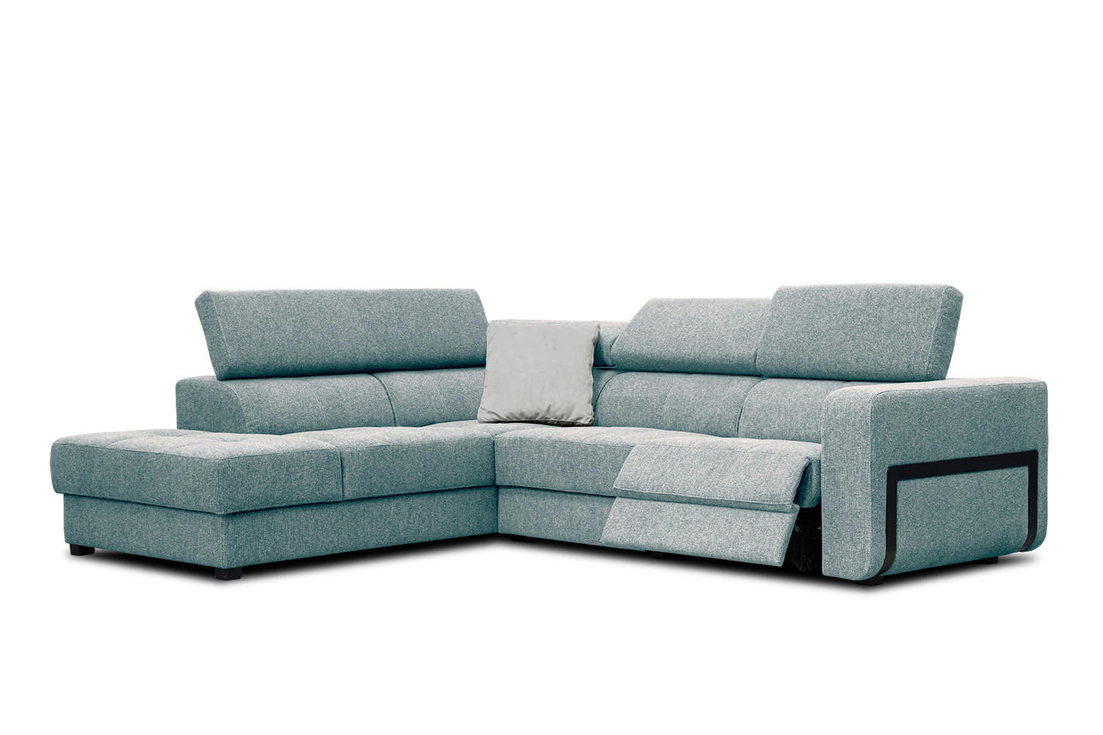 BERGO - Canapé d'angle gauche 5 places avec relax électrique tissu bleu clair