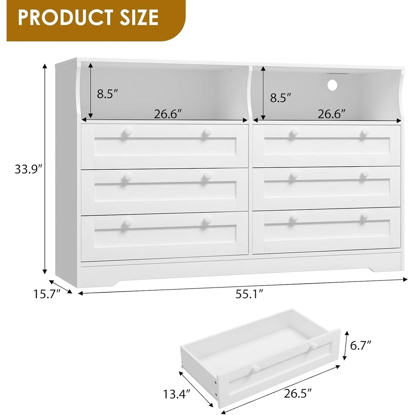 55 Wide Dresser, Wooden 6 Drawer Dresser with Led Light, Wood Dresser with Large Capacity Storage
