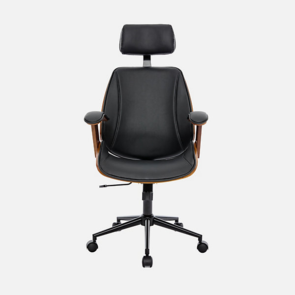Chaise de bureau à roulettes décor bois courbé placage effet noyer et simili cuir noir