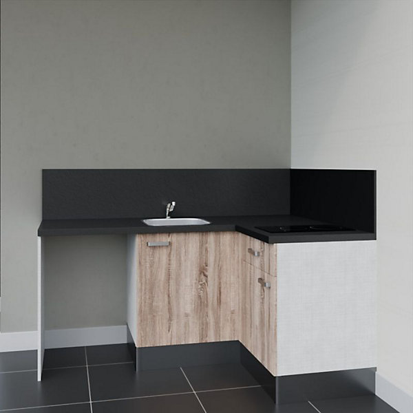 Kitchenette KA01 - 128 cm - Façades : Bois - Plan de travail : Noir texturé - Crédences : Oui - Evier