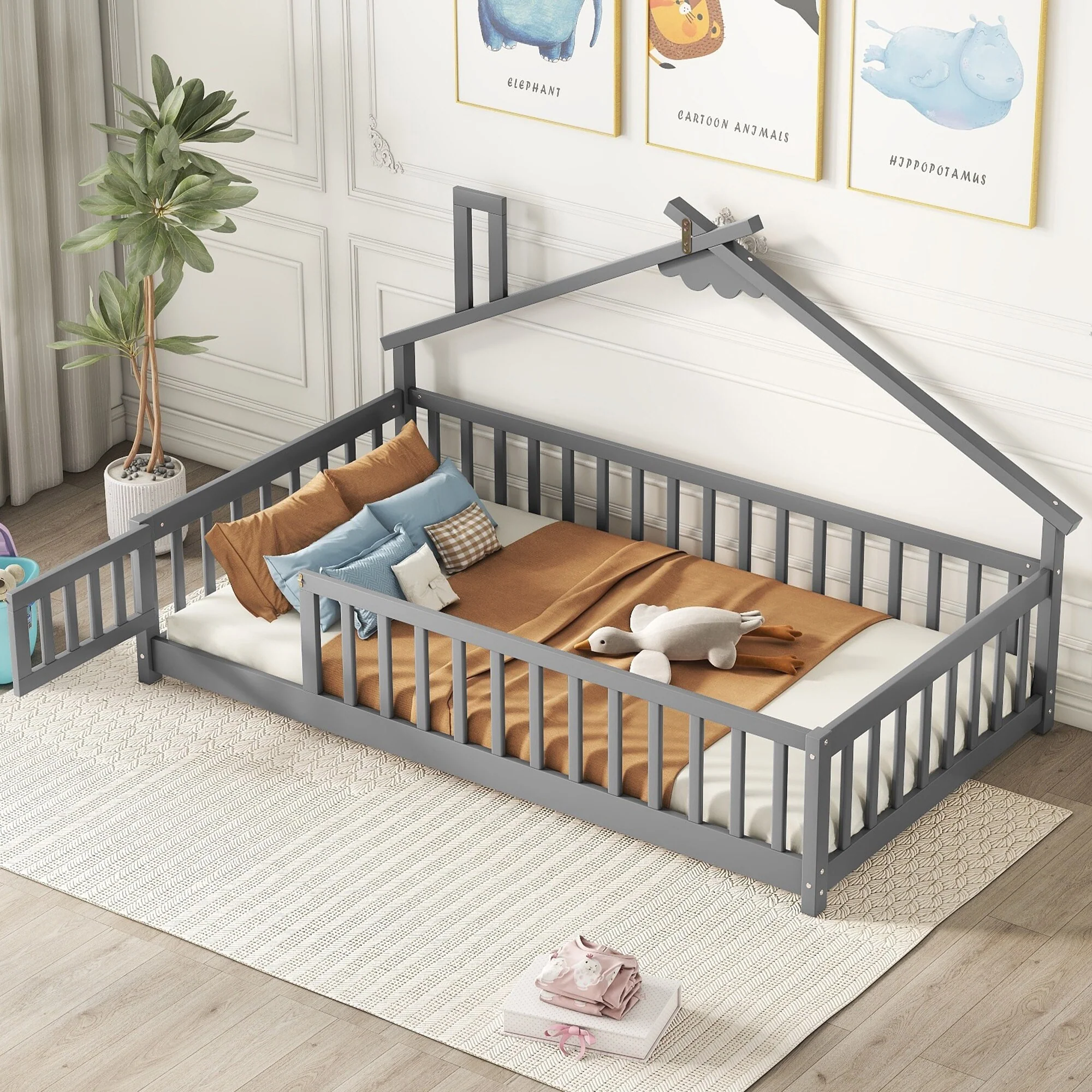 Grey Twin Pine House-Shaped Bedside Floor Bed with Guardrails