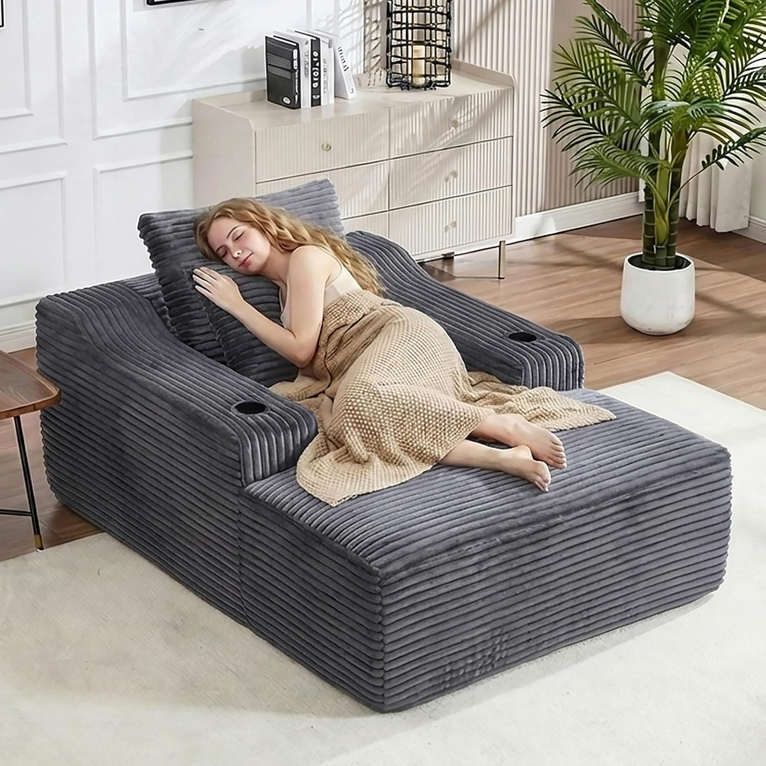 67 Oversized Chaise Lounge Chair Indoor, Soft Boneless Cloud Couch Chair with Wide Armrest Pillows and Cup Holders, Comfy Corduroy Sofa Bed Sleeper Couch for Living Room No Assembly Require,Dark Grey