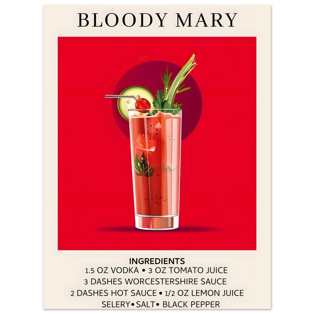 Artfulprints Poster Bloody Mary cocktail - Ingrediënten  - 30x40 cm - Rood