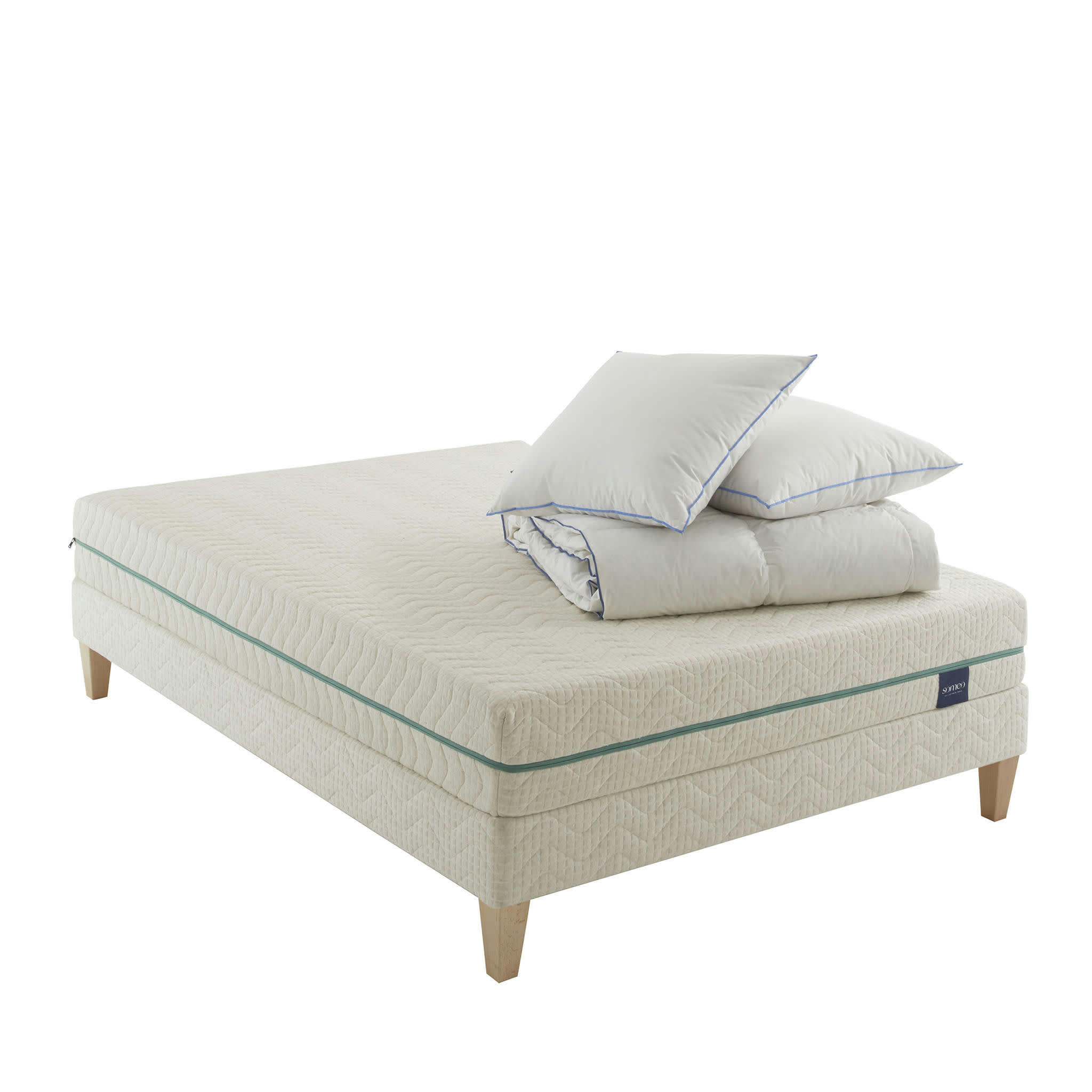 AUBE 700 - Ensemble matelas naturel latex, sommier, pieds, couette 140x190