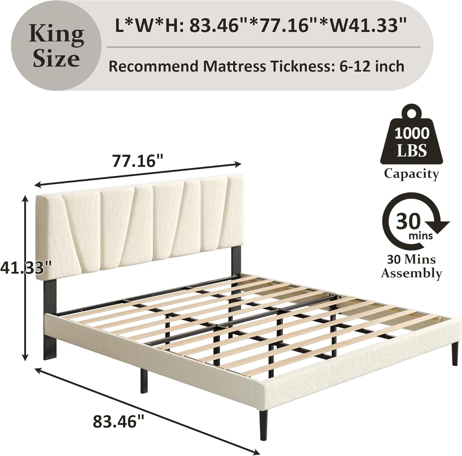 King Size Bed Frame with Fabric Upholstered Headboard, Platform Bed with Wooden Slats Support, Fully Mattress Foundation, Box Spring Optional, Easy Assembly