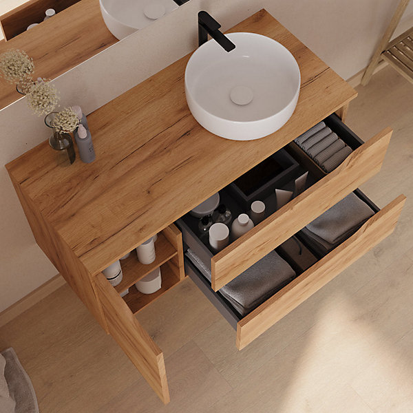 Meuble de salle de bain 100cm avec plateau et vasque à poser à droite Ares - sans miroir - 2 tiroirs et 1 placard - roble - ZARZA